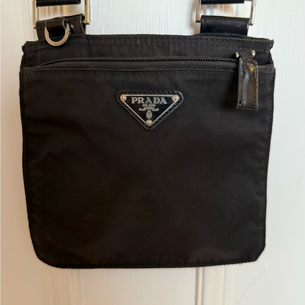 Prada Black Nylon Crossbody with Leather Trim, Silver-tone Hardware.